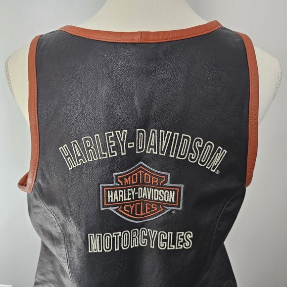 HARLEY DAVIDSON black VEST motorcycle GENUINE LEATHER pockets ZIPPER biker ORANG - Picture 8 of 15